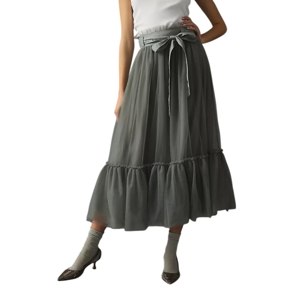 Anthropologie Pilcro Grey Tulle Tutu Midi Skirt Ruffle Tiered Belted Smocked L